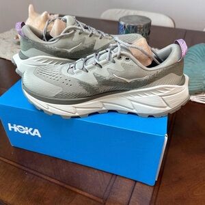 Hoka One One Women's Trail Shoes in Light Gray with Purple Pull Tab